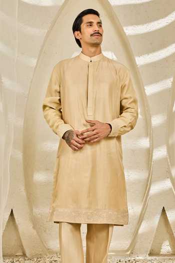 Buy_Sarab Khanijou_Beige Chanderi Silk Sandstone Nehru Jacket And Kurta Set _Online_at_Aza_Fashions