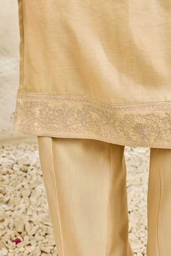 Shop_Sarab Khanijou_Beige Chanderi Silk Sandstone Nehru Jacket And Kurta Set _Online_at_Aza_Fashions