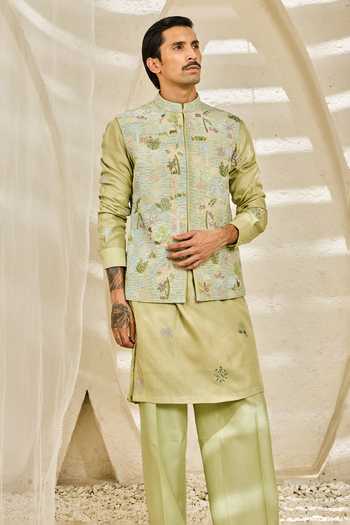 Sarab Khanijou Mint Serene Garden Nehru Jacket & Kurta Set 