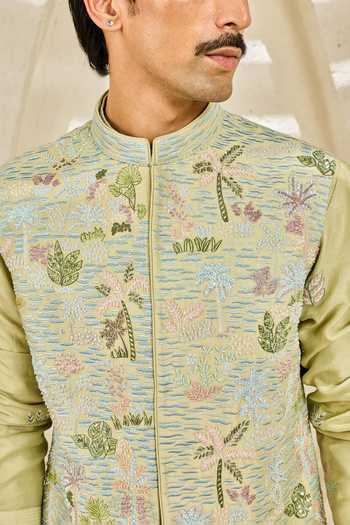 Sarab Khanijou_Mint Chanderi Silk Serene Garden Nehru Jacket And Kurta Set _Online_at_Aza_Fashions