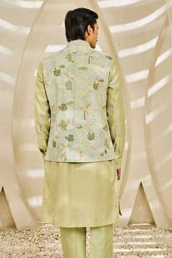 Sarab Khanijou Mint Serene Garden Nehru Jacket & Kurta Set 