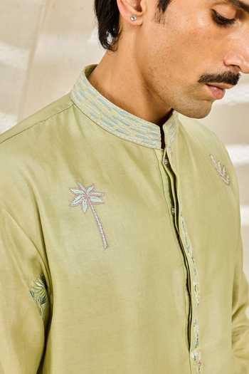 Buy_Sarab Khanijou_Mint Chanderi Silk Serene Garden Nehru Jacket And Kurta Set _Online_at_Aza_Fashions