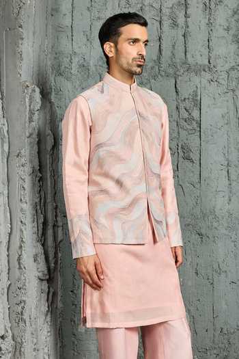 Sarab Khanijou_Blush Chanderi Silk Opulence Nehru Jacket And Kurta Set _Online_at_Aza_Fashions