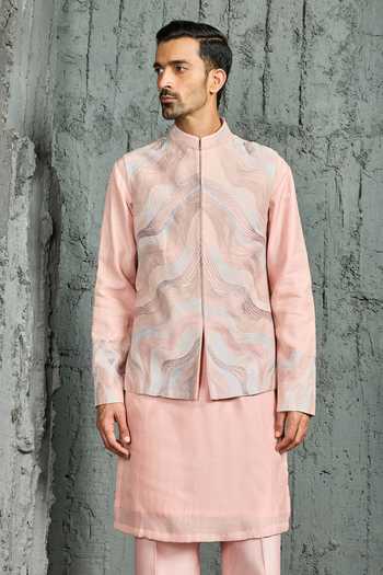 Shop_Sarab Khanijou_Blush Chanderi Silk Opulence Nehru Jacket And Kurta Set _Online_at_Aza_Fashions