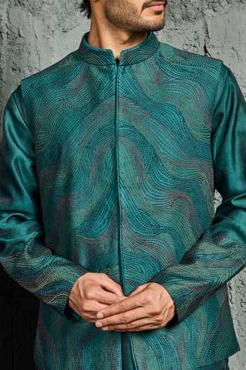 Buy_Sarab Khanijou_Green Chanderi Silk Wave Nehru Jacket And Kurta Set _Online_at_Aza_Fashions