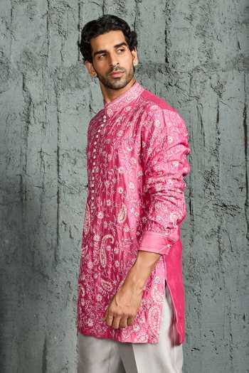 Sarab Khanijou Pink Chanderi Silk Gulnaar Floral Embroidered Kurta Set Online at Aza Fashions Sarab Khanijou_Pink Chanderi Silk Gulnaar Floral Embroidered Kurta Set _Online_at_Aza_Fashions