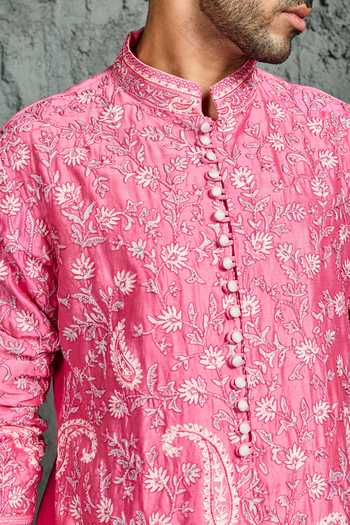 Shop Sarab Khanijou Pink Chanderi Silk Gulnaar Floral Embroidered Kurta Set Online at Aza Fashions Shop_Sarab Khanijou_Pink Chanderi Silk Gulnaar Floral Embroidered Kurta Set _Online_at_Aza_Fashions