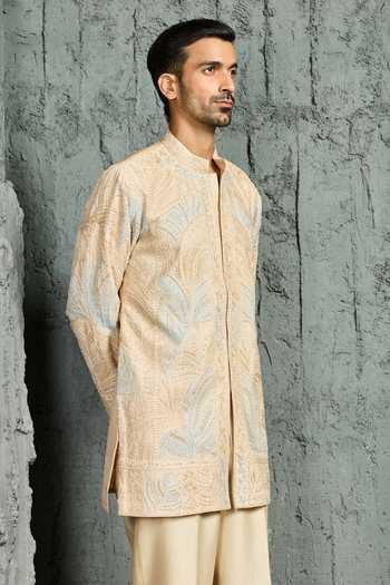 Sarab Khanijou_Beige Chanderi Silk Oasis Embroidered Short Kurta Set _Online_at_Aza_Fashions