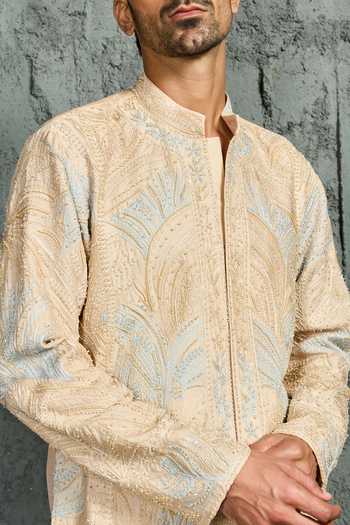 Buy_Sarab Khanijou_Beige Chanderi Silk Oasis Embroidered Short Kurta Set _Online_at_Aza_Fashions