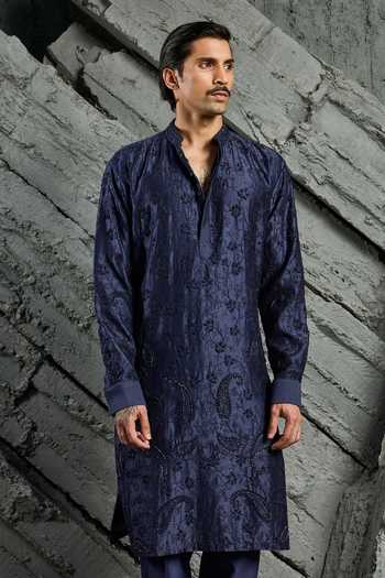 Sarab Khanijou Blue Chanderi Silk Azure Blossom Embroidered Kurta Set Online at Aza Fashions Sarab Khanijou_Blue Chanderi Silk Azure Blossom Embroidered Kurta Set _Online_at_Aza_Fashions