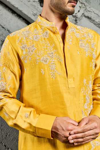 Sarab Khanijou Yellow Chanderi Silk Marigold Dream Embroidered Kurta Set Online at Aza Fashions Sarab Khanijou_Yellow Chanderi Silk Marigold Dream Embroidered Kurta Set _Online_at_Aza_Fashions