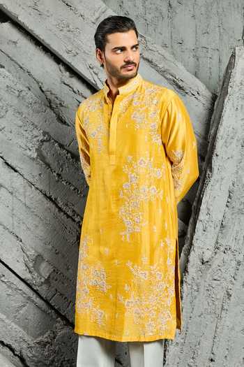 Buy Sarab Khanijou Yellow Chanderi Silk Marigold Dream Embroidered Kurta Set Online at Aza Fashions Buy_Sarab Khanijou_Yellow Chanderi Silk Marigold Dream Embroidered Kurta Set _Online_at_Aza_Fashions