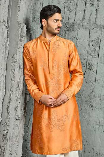 Sarab Khanijou Sunset Bloom Orange French Knot Kurta Set 