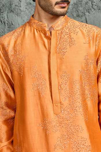 Buy_Sarab Khanijou_Orange Chanderi Silk Sunset Bloom French Knot Kurta Set _Online_at_Aza_Fashions