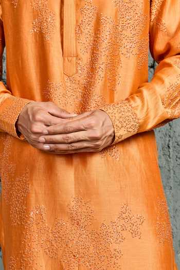 Shop_Sarab Khanijou_Orange Chanderi Silk Sunset Bloom French Knot Kurta Set _Online_at_Aza_Fashions
