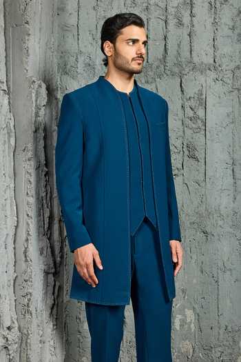 Sarab Khanijou_Teal Vogue Jacket And Trouser Set _Online_at_Aza_Fashions
