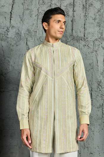 Sarab Khanijou_Mint Chanderi Silk Mandarin Collar, Yes Edit Embroidered Short Kurta Set _Online_at_Aza_Fashions