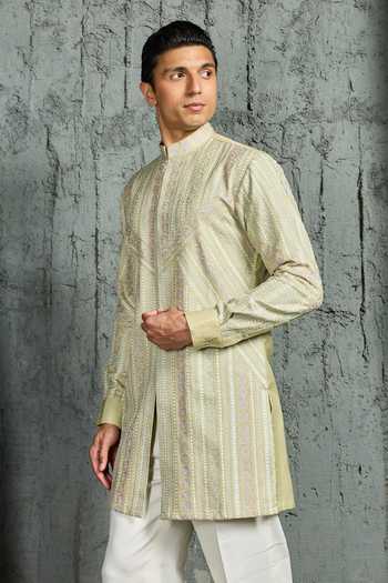 Buy_Sarab Khanijou_Mint Chanderi Silk Mandarin Collar, Yes Edit Embroidered Short Kurta Set _Online_at_Aza_Fashions