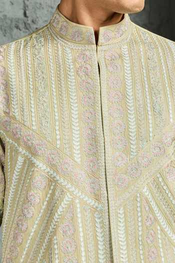 Shop_Sarab Khanijou_Mint Chanderi Silk Mandarin Collar, Yes Edit Embroidered Short Kurta Set _Online_at_Aza_Fashions
