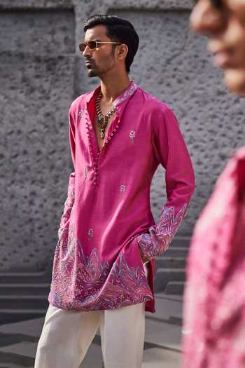 Sarab Khanijou Pink Chanderi Silk Gulrang Ridge Embroidered Short Kurta Set Online at Aza Fashions Sarab Khanijou_Pink Chanderi Silk Gulrang Ridge Embroidered Short Kurta Set _Online_at_Aza_Fashions