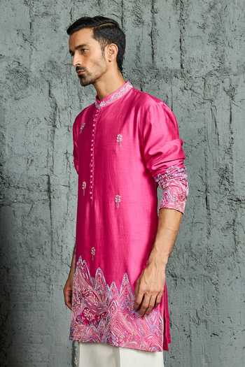 Shop Sarab Khanijou Pink Chanderi Silk Gulrang Ridge Embroidered Short Kurta Set Online at Aza Fashions Shop_Sarab Khanijou_Pink Chanderi Silk Gulrang Ridge Embroidered Short Kurta Set _Online_at_Aza_Fashions