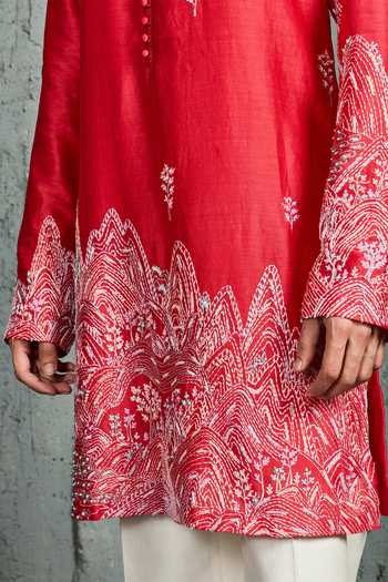 Buy Sarab Khanijou Red Chanderi Silk Gulrang Ridge Embroidered Kurta Set Buy_Sarab Khanijou_Red Chanderi Silk Gulrang Ridge Embroidered Kurta Set