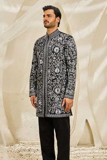 Sarab Khanijou Black Chanderi Silk Shadowline Embroidered Kurta Set Online at Aza Fashions Sarab Khanijou_Black Chanderi Silk Shadowline Embroidered Kurta Set _Online_at_Aza_Fashions