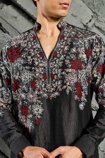 Shop Sarab Khanijou Black Chanderi Silk Night Bloom Embroidered Kurta Set Online at Aza Fashions Shop_Sarab Khanijou_Black Chanderi Silk Night Bloom Embroidered Kurta Set _Online_at_Aza_Fashions
