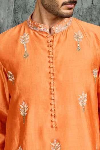 Buy_Sarab Khanijou_Orange Chanderi Silk Gulrang Embroidered Ridge Kurta Set _Online_at_Aza_Fashions