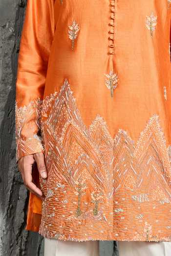 Shop_Sarab Khanijou_Orange Chanderi Silk Gulrang Embroidered Ridge Kurta Set _Online_at_Aza_Fashions
