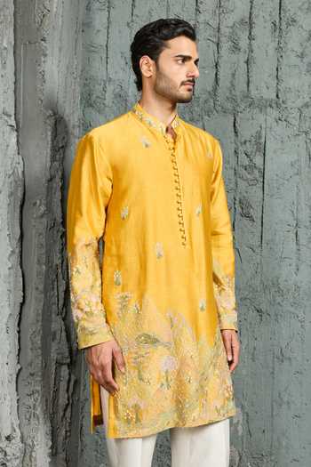 Sarab Khanijou Yellow Chanderi Silk Gulrang Mountain Ridge Kurta Set Online at Aza Fashions Sarab Khanijou_Yellow Chanderi Silk Gulrang Mountain Ridge Kurta Set _Online_at_Aza_Fashions