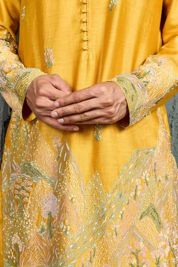 Shop Sarab Khanijou Yellow Chanderi Silk Gulrang Mountain Ridge Kurta Set Online at Aza Fashions Shop_Sarab Khanijou_Yellow Chanderi Silk Gulrang Mountain Ridge Kurta Set _Online_at_Aza_Fashions