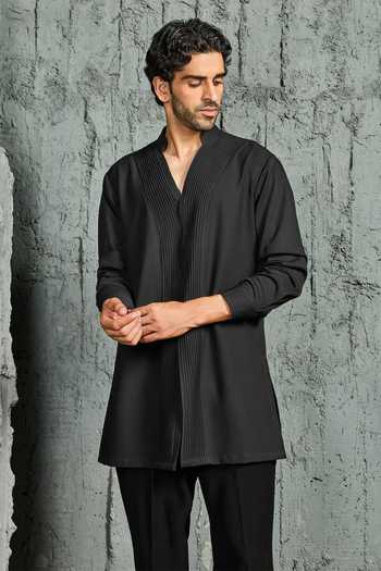 Sarab Khanijou_Black Noir Contemporary Jacket And Short Kurta Set _Online_at_Aza_Fashions
