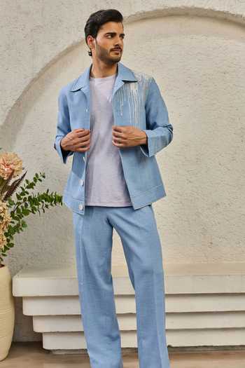Sarab Khanijou Ice Blue Paint Splash Shacket & Trouser Set 