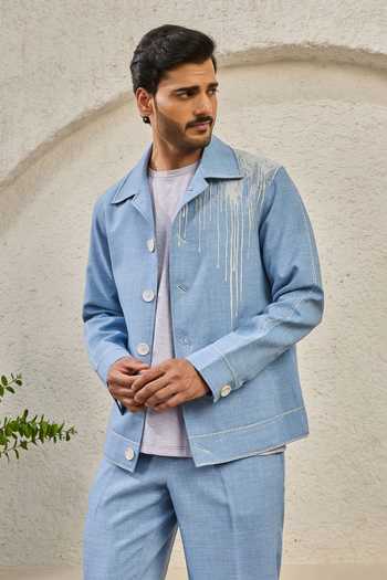 Sarab Khanijou Blue Suiting Ice Paint Splash Shacket And Trouser Set Online at Aza Fashions Sarab Khanijou_Blue Suiting Ice Paint Splash Shacket And Trouser Set _Online_at_Aza_Fashions