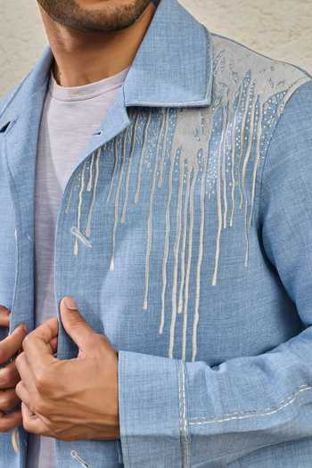 Buy Sarab Khanijou Blue Suiting Ice Paint Splash Shacket And Trouser Set Online at Aza Fashions Buy_Sarab Khanijou_Blue Suiting Ice Paint Splash Shacket And Trouser Set _Online_at_Aza_Fashions
