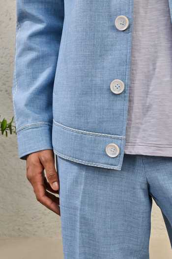 Shop Sarab Khanijou Blue Suiting Ice Paint Splash Shacket And Trouser Set Online at Aza Fashions Shop_Sarab Khanijou_Blue Suiting Ice Paint Splash Shacket And Trouser Set _Online_at_Aza_Fashions