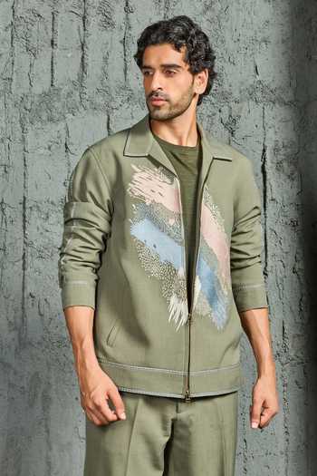 Sarab Khanijou Olive Green Paint Strokes Shacket & Trouser Set 