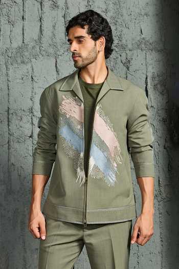 Sarab Khanijou_Olive Green Suiting Paint Strokes Shacket And Trouser Set _Online_at_Aza_Fashions