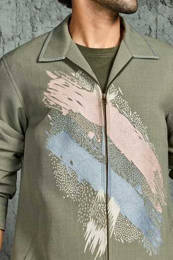 Buy_Sarab Khanijou_Olive Green Suiting Paint Strokes Shacket And Trouser Set _Online_at_Aza_Fashions