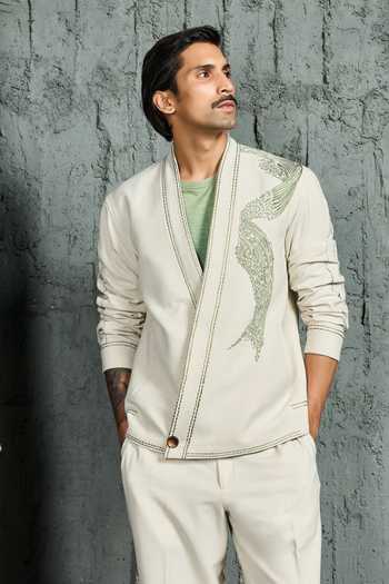 Sarab Khanijou Ice Grey Abstract Spiral Shacket & Trouser Set 