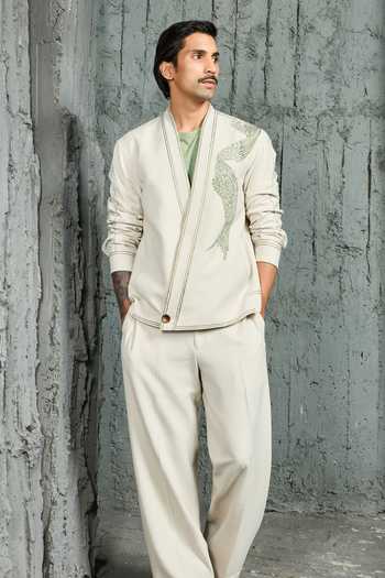 Sarab Khanijou Grey Suiting Ice Abstract Spiral Shacket And Trouser Set Online at Aza Fashions Sarab Khanijou_Grey Suiting Ice Abstract Spiral Shacket And Trouser Set _Online_at_Aza_Fashions