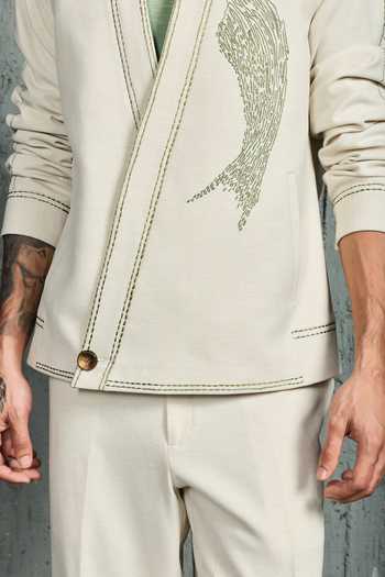 Buy Sarab Khanijou Grey Suiting Ice Abstract Spiral Shacket And Trouser Set Online at Aza Fashions Buy_Sarab Khanijou_Grey Suiting Ice Abstract Spiral Shacket And Trouser Set _Online_at_Aza_Fashions