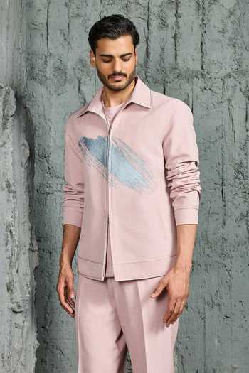 Sarab Khanijou Pink Suiting Collared Neck, Round Bubblegum Paint Strokes Shacket And Trouser Set Online at Aza Fashions Sarab Khanijou_Pink Suiting Collared Neck, Round Bubblegum Paint Strokes Shacket And Trouser Set _Online_at_Aza_Fashions