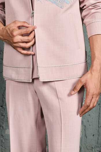 Buy Sarab Khanijou Pink Suiting Collared Neck, Round Bubblegum Paint Strokes Shacket And Trouser Set Online at Aza Fashions Buy_Sarab Khanijou_Pink Suiting Collared Neck, Round Bubblegum Paint Strokes Shacket And Trouser Set _Online_at_Aza_Fashions