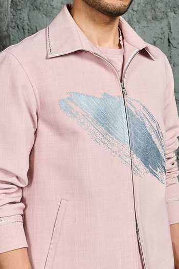 Shop Sarab Khanijou Pink Suiting Collared Neck, Round Bubblegum Paint Strokes Shacket And Trouser Set Online at Aza Fashions Shop_Sarab Khanijou_Pink Suiting Collared Neck, Round Bubblegum Paint Strokes Shacket And Trouser Set _Online_at_Aza_Fashions
