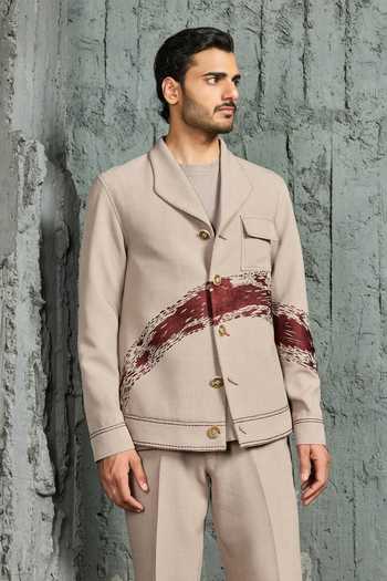 Sarab Khanijou Beige Suiting Paint Strokes Shacket And Trouser Set Online at Aza Fashions Sarab Khanijou_Beige Suiting Paint Strokes Shacket And Trouser Set _Online_at_Aza_Fashions
