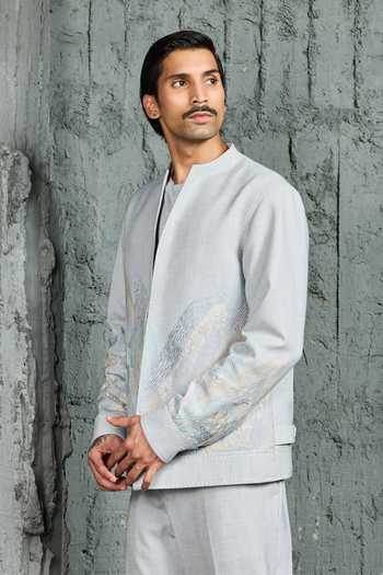 Sarab Khanijou Blue Suiting Powder Mount-ridge Shacket And Trouser Set Online at Aza Fashions Sarab Khanijou_Blue Suiting Powder Mount-ridge Shacket And Trouser Set _Online_at_Aza_Fashions