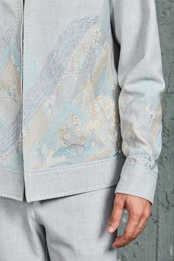 Shop Sarab Khanijou Blue Suiting Powder Mount-ridge Shacket And Trouser Set Online at Aza Fashions Shop_Sarab Khanijou_Blue Suiting Powder Mount-ridge Shacket And Trouser Set _Online_at_Aza_Fashions