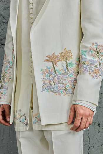 Sarab Khanijou_Off White Chanderi Silk The Pearl Palm Embroidered Jacket Trouser Set _Online_at_Aza_Fashions